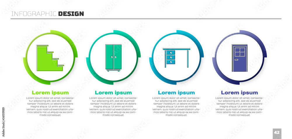设置楼梯、衣柜、办公桌和闭门。商业信息图模板。矢量。