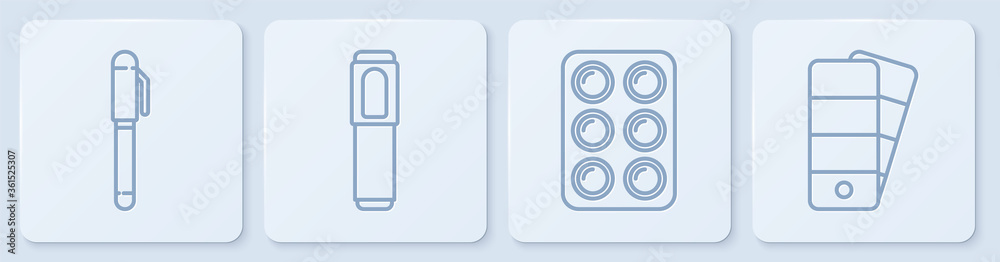 Set line Pen, Watercolor paints in box, Marker pen and Palette. White square button. Vector.