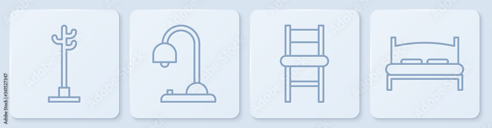 设置线衣帽架、椅子、台灯和大床。白色方形按钮。矢量。