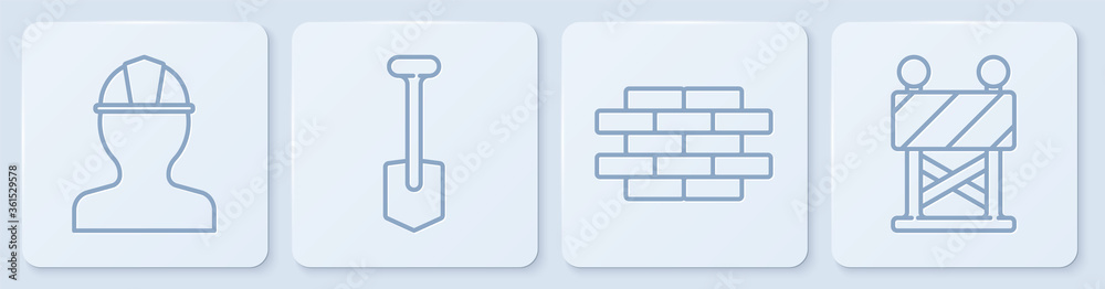设置线路工人安全帽、砖块、铲子和道路护栏。白色方形按钮。矢量。