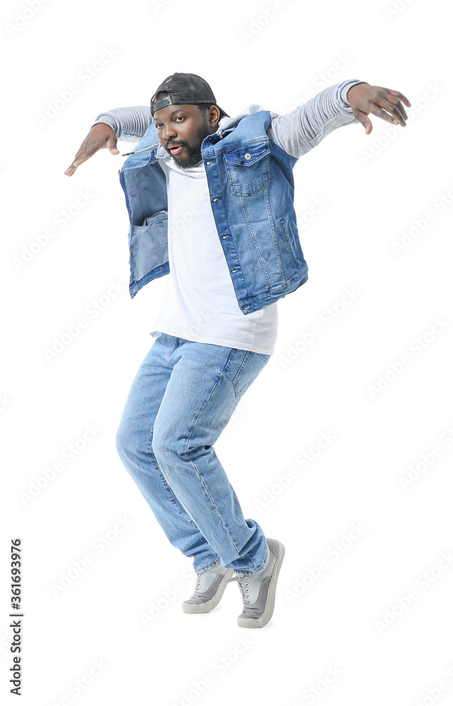 Male African-American hip-hop dancer on white background