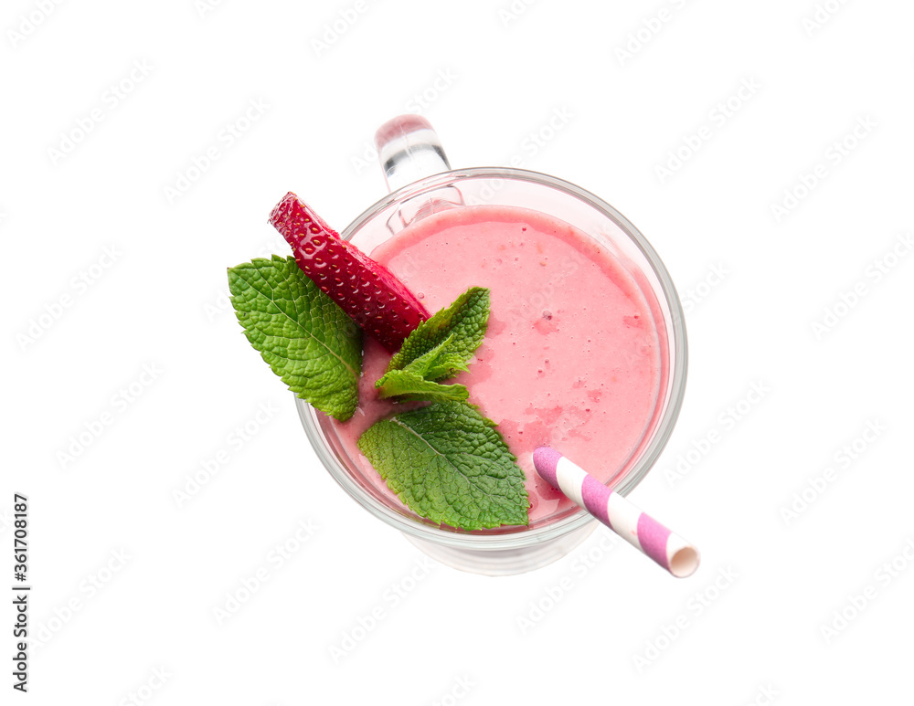 Glass cup of tasty strawberry smoothie on white background