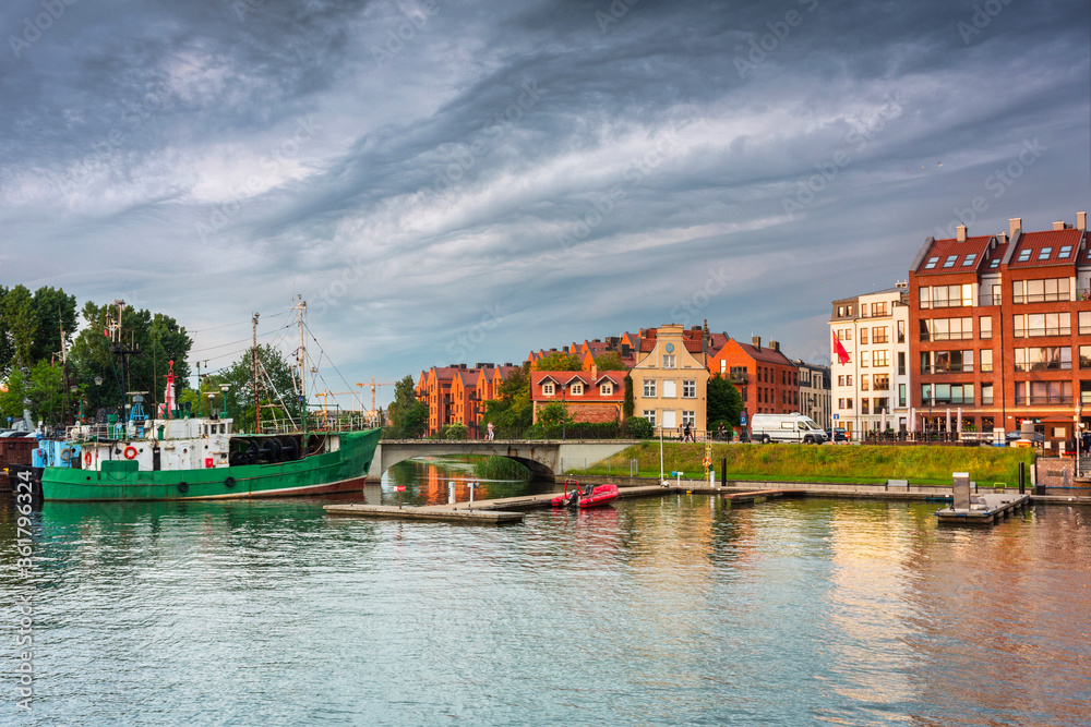 Gdansk with beautiful old town over Motlawa river at sunset, Poland