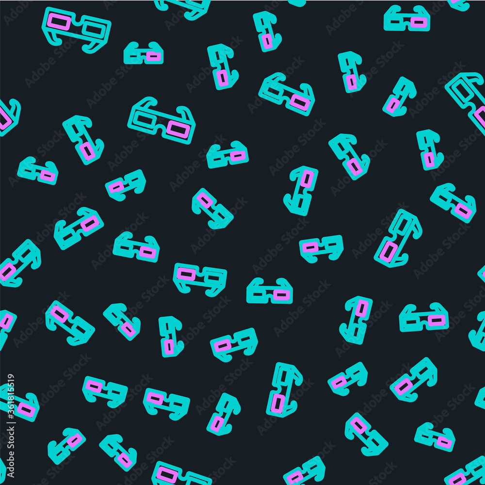 Line 3D cinema glasses icon isolated seamless pattern on black background. Vector Illustration.