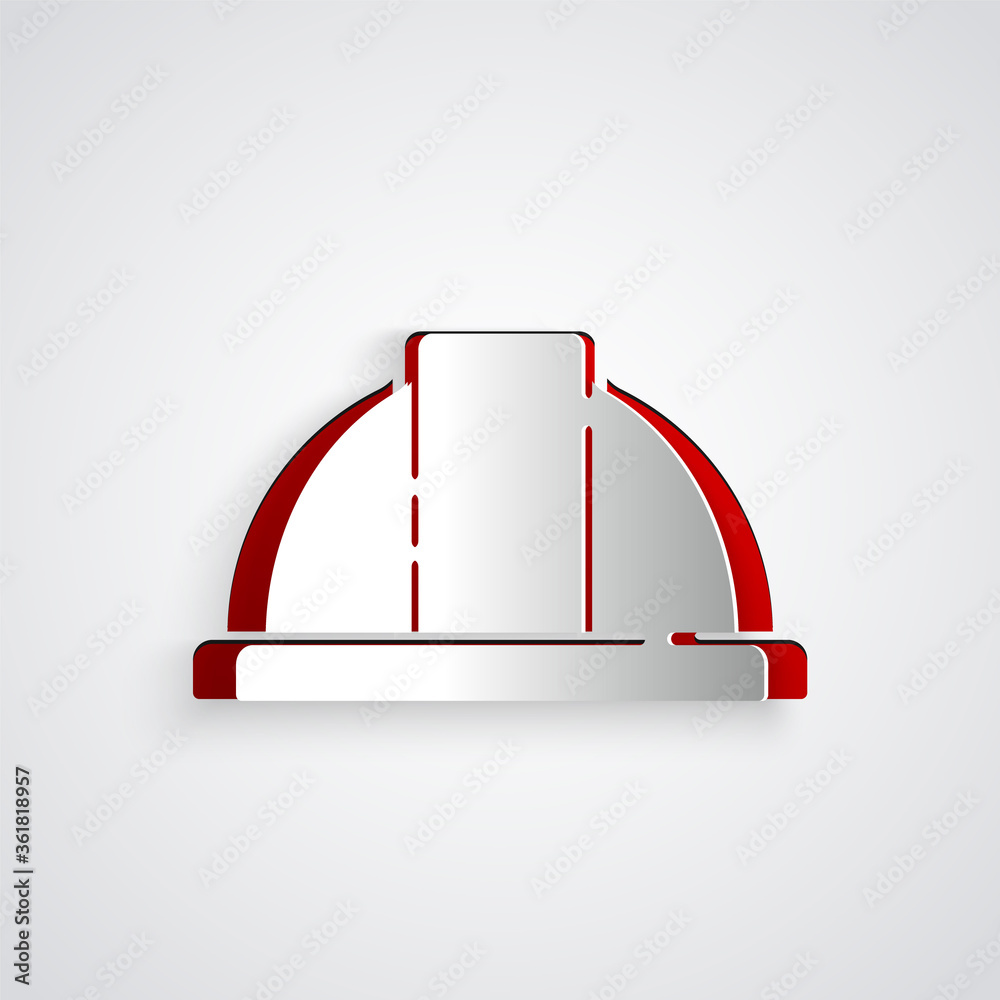 Paper cut Worker safety helmet icon isolated on grey background. Paper art style. Vector Illustratio