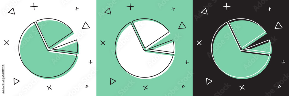 将饼图信息图图标隔离在白色和绿色、黑色背景上。图表符号.Ve