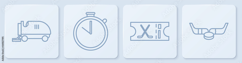 定置线冰上重铺机、冰球运动门票、秒表、冰球棒和冰球。白色方块