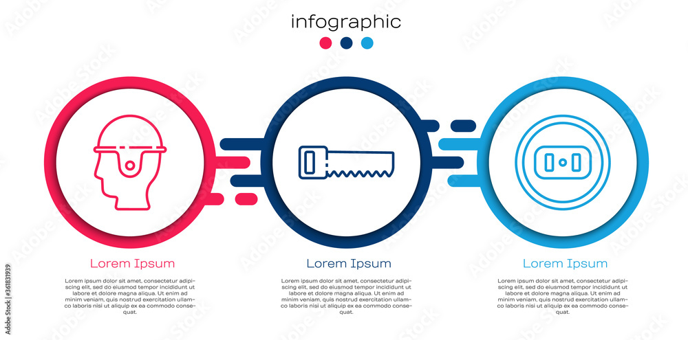 设置生产线工人安全帽、手锯和电源插座。商业信息图模板。Vector
