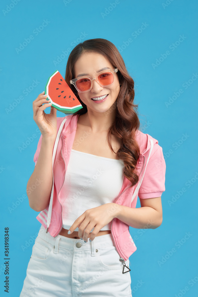 happy woman hand holding watermelon, summer time concept