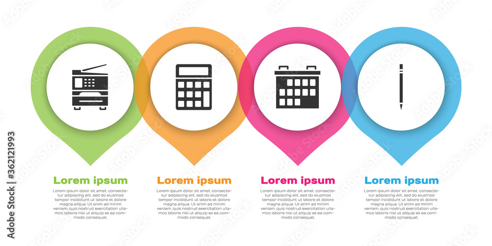 设置打印机、计算器、日历和橡皮擦铅笔。商业信息图模板。矢量。