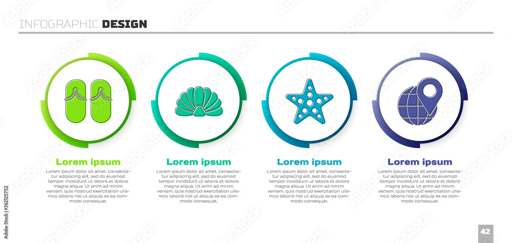 设置人字拖、扇贝海贝、海星和全球定位。商业信息图模板