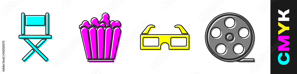 设置导演电影椅、盒子里的爆米花、3D影院眼镜和电影卷轴图标。矢量。