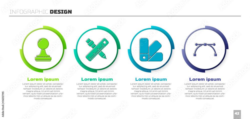 套装印章、十字尺和铅笔、调色板指南和贝塞尔曲线。商业信息图临时