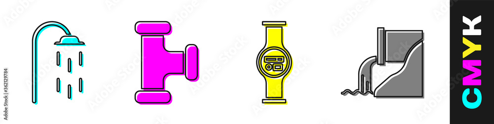 设置淋浴器、工业金属管、水表和废水图标。矢量。