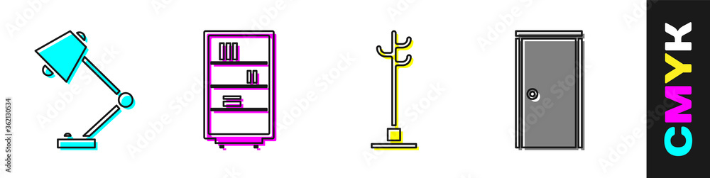 设置台灯、图书馆书架、衣帽架和闭门图标。矢量。