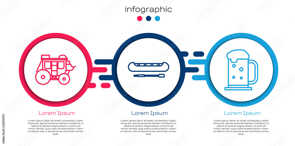 设置线路西方驿站马车、皮划艇或独木舟、桨和木制啤酒杯。商业信息图项目