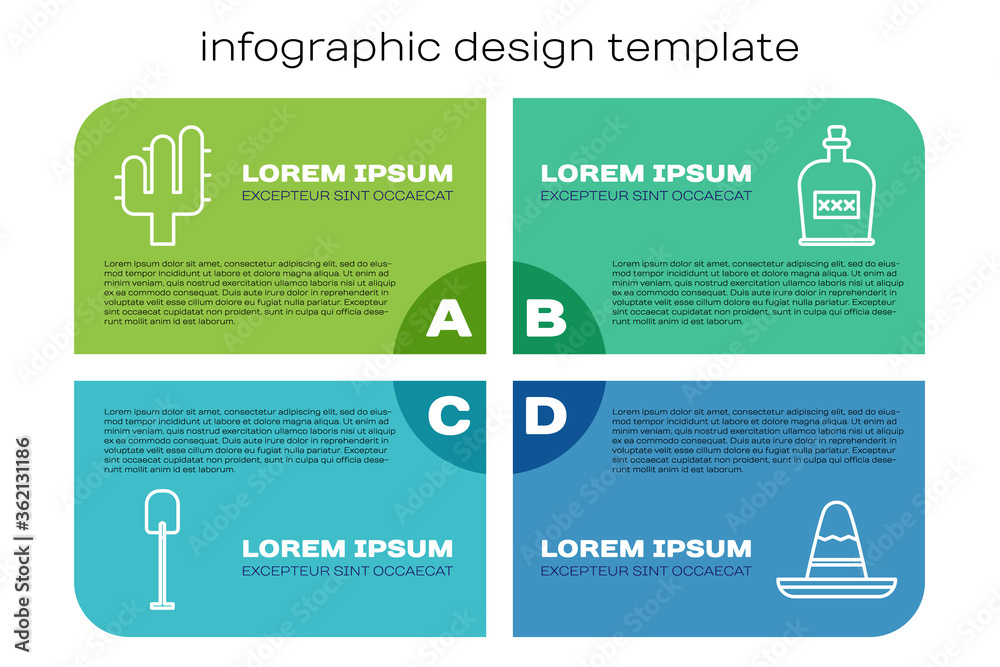Set line铲子，仙人掌，墨西哥宽边帽和酒精饮料朗姆酒瓶。商业信息图tem