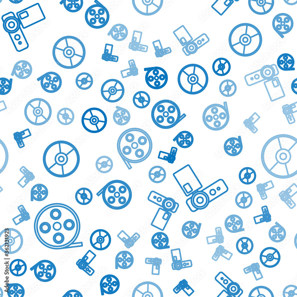 Set line Film reel, Cinema camera and CD or DVD disk on seamless pattern. Vector.