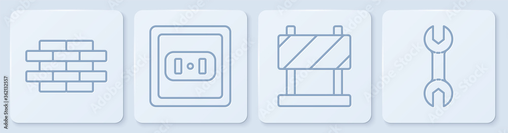 设置线路砖、道路护栏、电源插座和扳手。白色方形按钮。矢量。