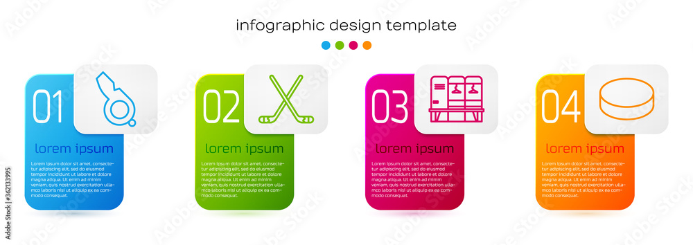 设置线哨子、冰球棍、更衣室或更衣室以及冰球。商业信息图t