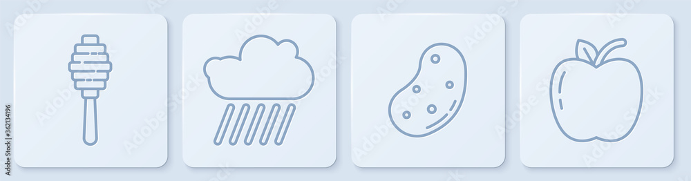 设定线蜂蜜勺棒，土豆，带雨的云和苹果。白色方形按钮。矢量。