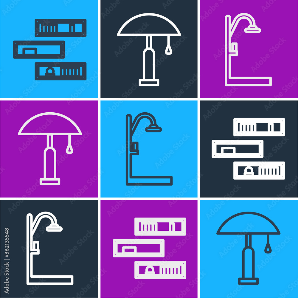 Set line Shelf with books, Shower and Table lamp icon. Vector.