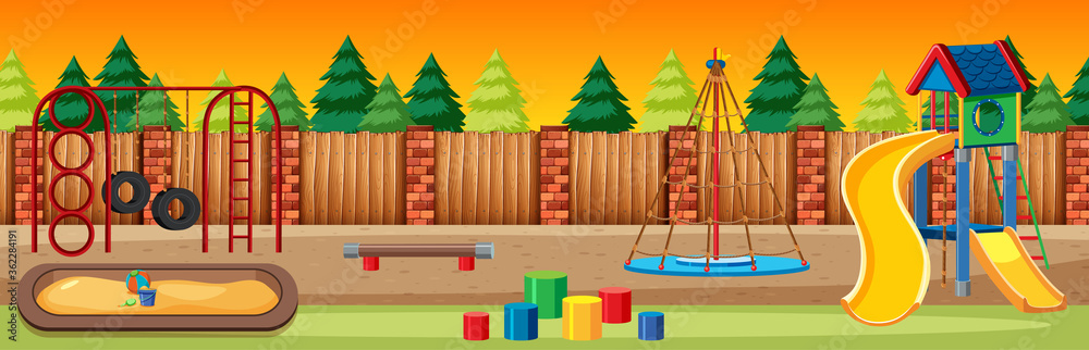 Kids playground in the park with red and yellow light sky and many pines cartoon style