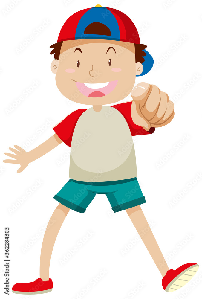 A boy pointing index finger in positive mood in standing position isolated