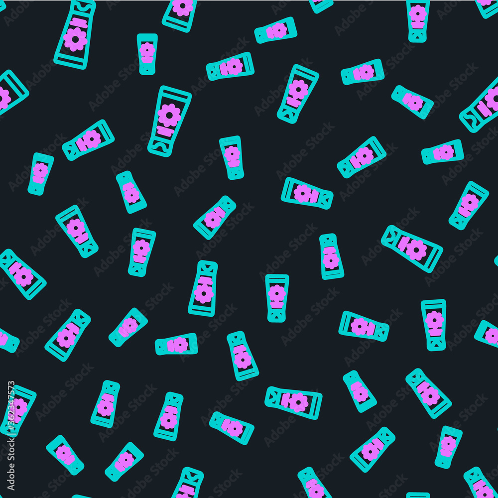 Line Sunscreen cream in tube icon isolated seamless pattern on black background. Protection for the 