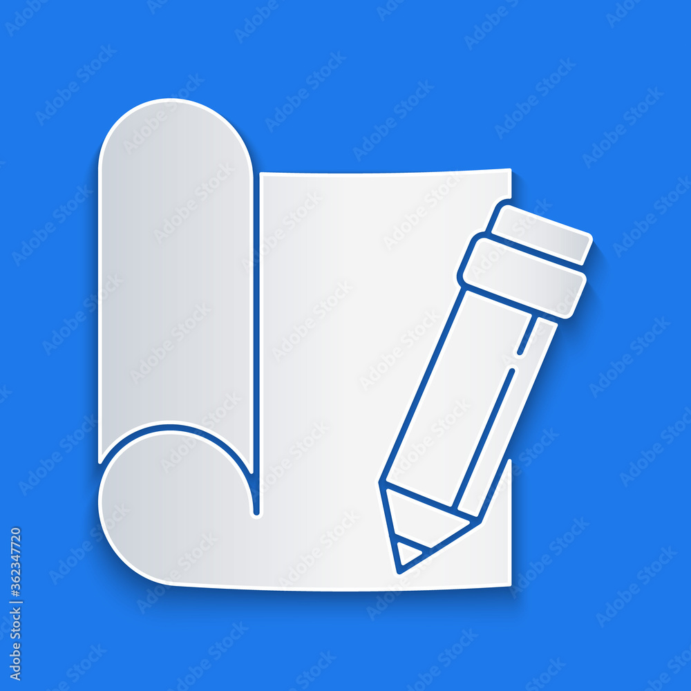 Paper cut Graphing paper for engineering and pencil icon isolated on blue background. Paper art styl