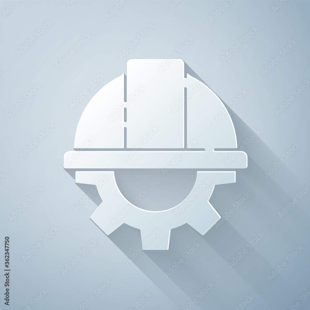 Paper cut Worker safety helmet and gear icon isolated on grey background. Paper art style. Vector Il