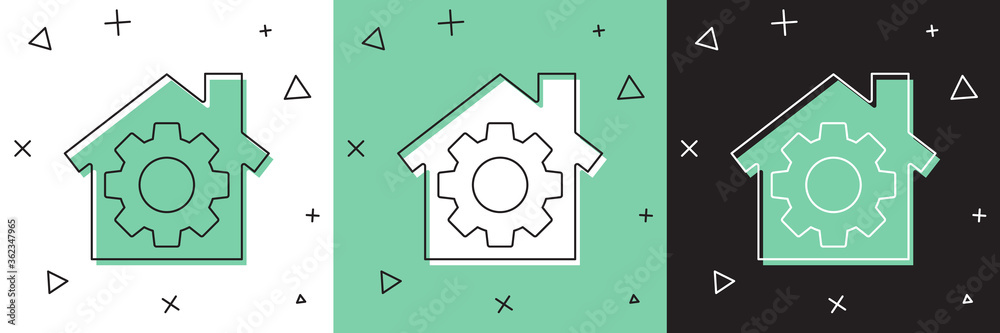 Set House or home with gear icon isolated on white and green, black background. Adjusting, service, 