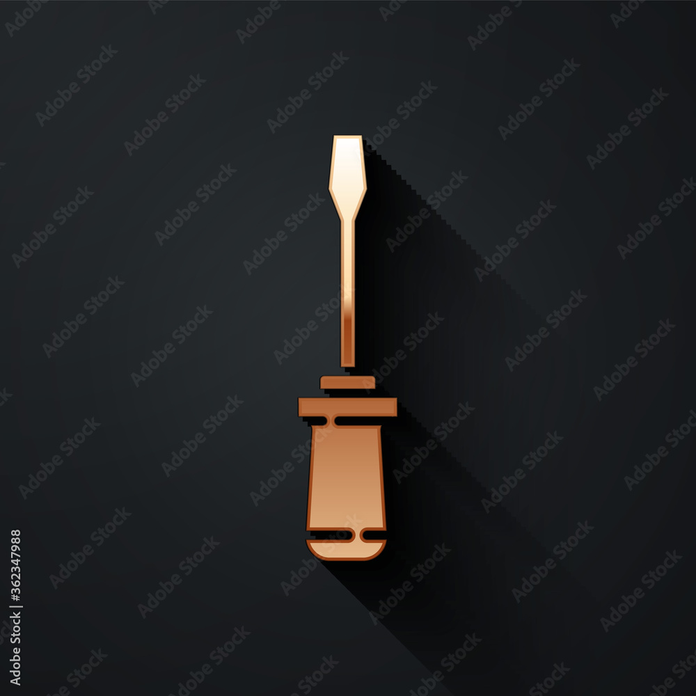 Gold Screwdriver icon isolated on black background. Service tool symbol. Long shadow style. Vector I