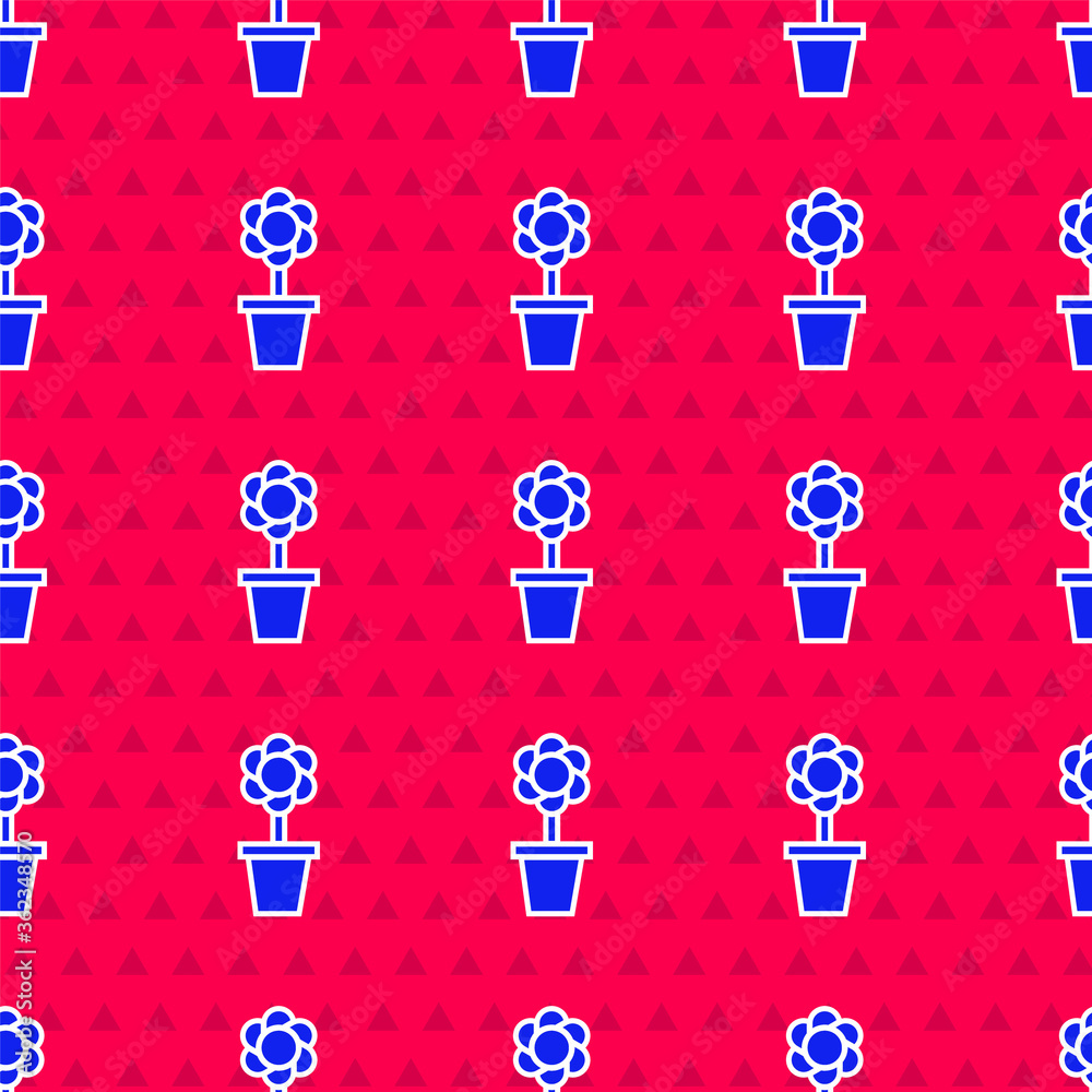 Blue Flower in pot icon isolated seamless pattern on red background. Plant growing in a pot. Potted 