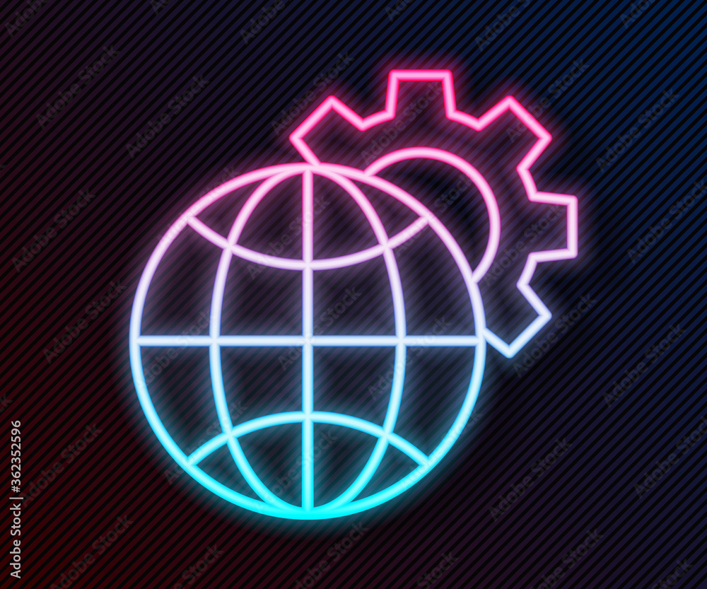 Glowing neon line Globe of the Earth and gear or cog icon isolated on black background. Setting para