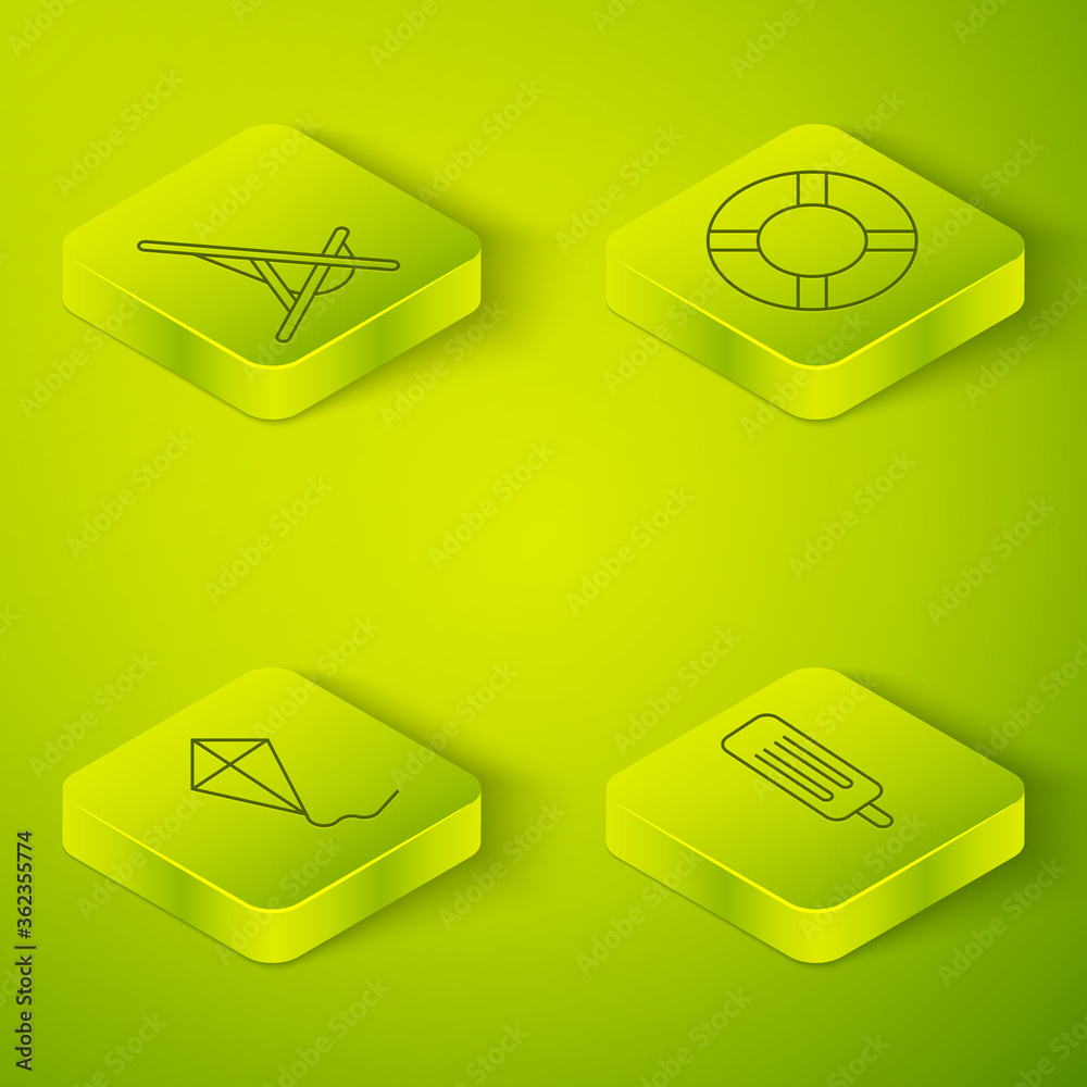 Set Isometric Lifebuoy, Kite, Ice cream and Sunbed icon. Vector.