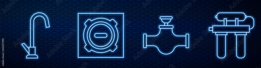 Set line Industry pipe and valve, Water tap, Manhole sewer cover and Water filter. Glowing neon icon