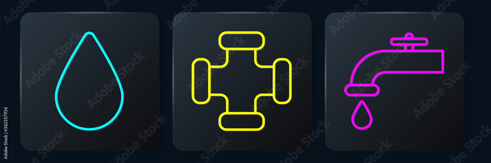 Set line Water drop, Water tap and Industry metallic pipe. Black square button. Vector.