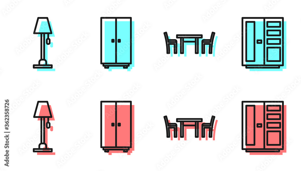 Set line Wooden table with chair, Floor lamp, Wardrobe and Wardrobe icon. Vector.