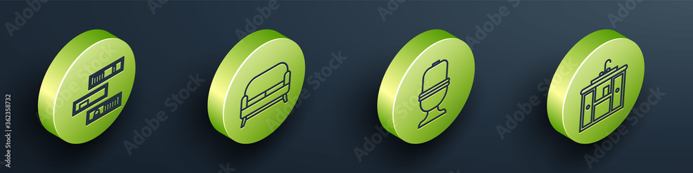 Set Isometric Shelf with books, Sofa, Toilet bowl and Washbasin cabinet with tap icon. Vector.