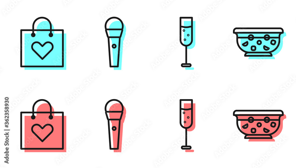 Set line Glass of champagne, Shopping bag with heart, Karaoke microphone and Mixed punch in bowl ico