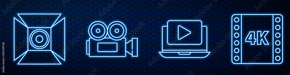 Set line Online play video, Movie spotlight, Cinema camera and 4k movie, tape, frame. Glowing neon i