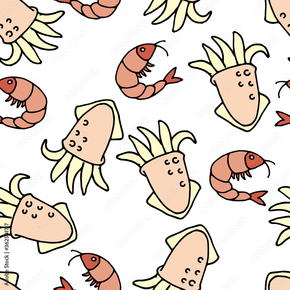 Seamless vector pattern. sea ​​food, squid and shrimp isolated on a white background. Cute cartoon d