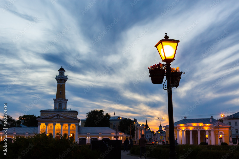 Kostroma Golden Ring of Russia. Beautiful view of the fire tower a symbol of the city at sunset. Pos