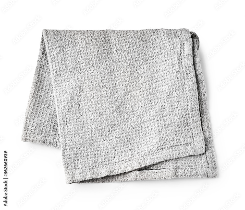 Kitchen grey folded table cloth isolated on white background. Top view of napkin.