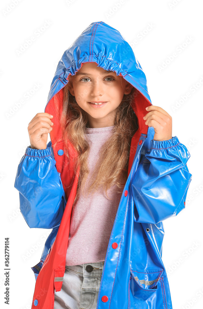 Cute little girl in raincoat on white background