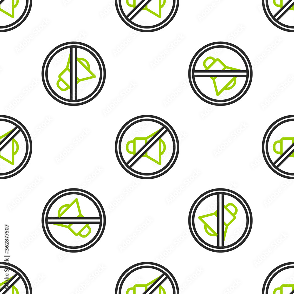 Line Speaker mute icon isolated seamless pattern on white background. No sound icon. Volume Off symb