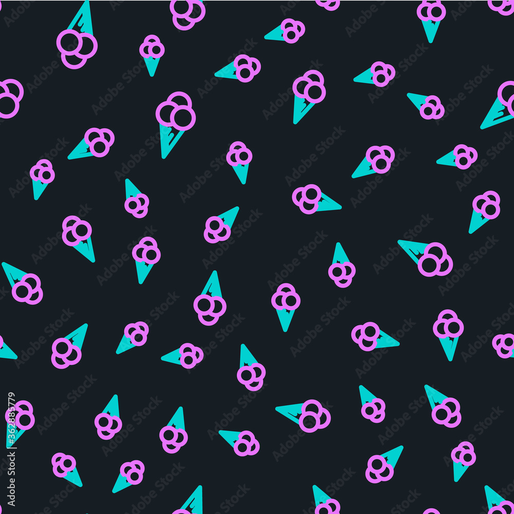 Line Ice cream in waffle cone icon isolated seamless pattern on black background. Sweet symbol. Vect