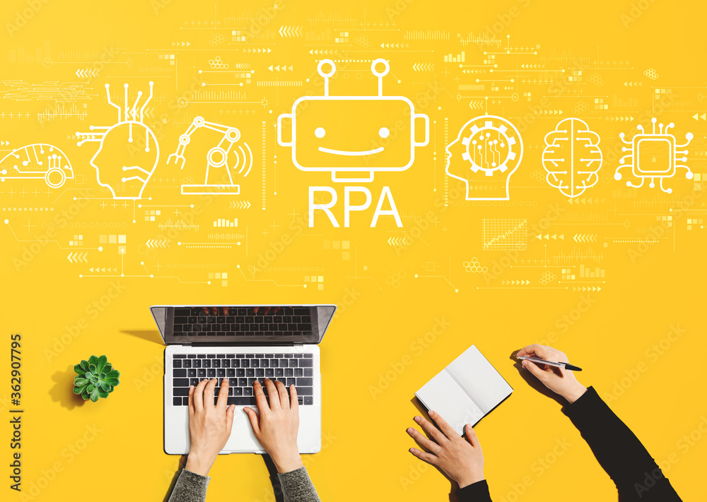 Robotic Process Automation RPA theme with people working together with laptop and notebook