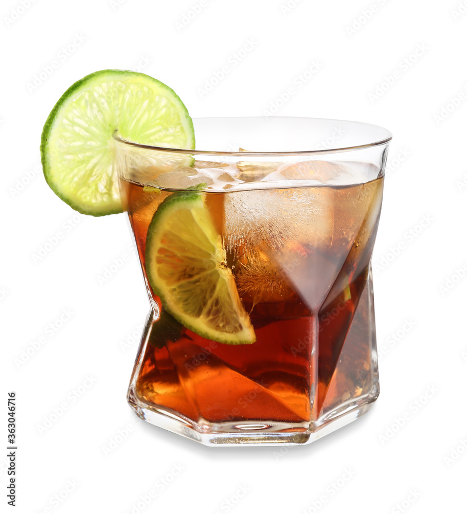 Glass of tasty Cuba Libre cocktail on white background